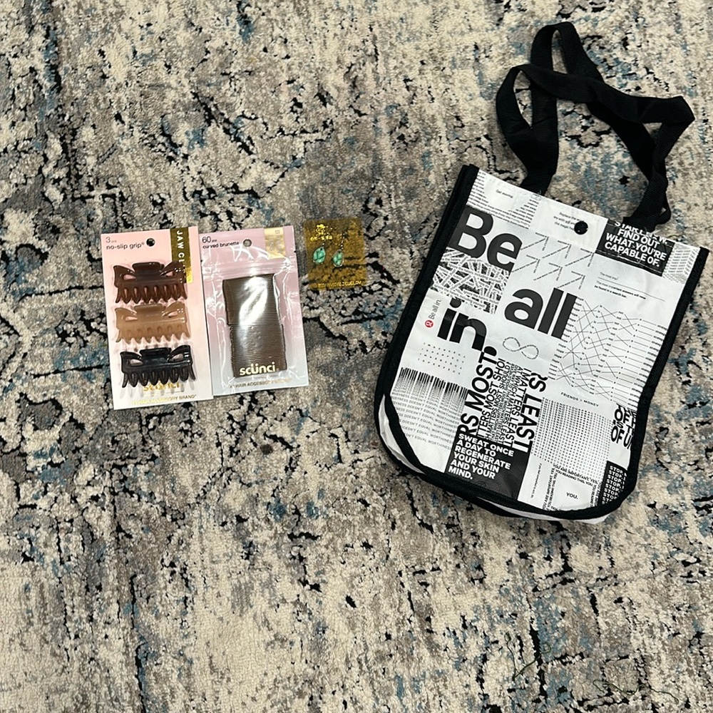 Scunci hair clips and Bobby pins. Cute green earrings. Free lululemon bag